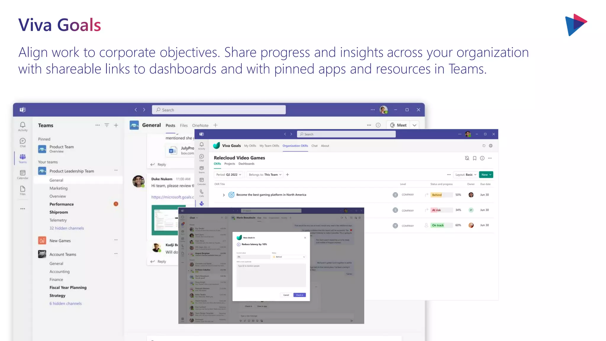 Align work to corporate objectives. Share progress and insights across your organization
with shareable links to dashboards and with pinned apps and resources in Teams.
 