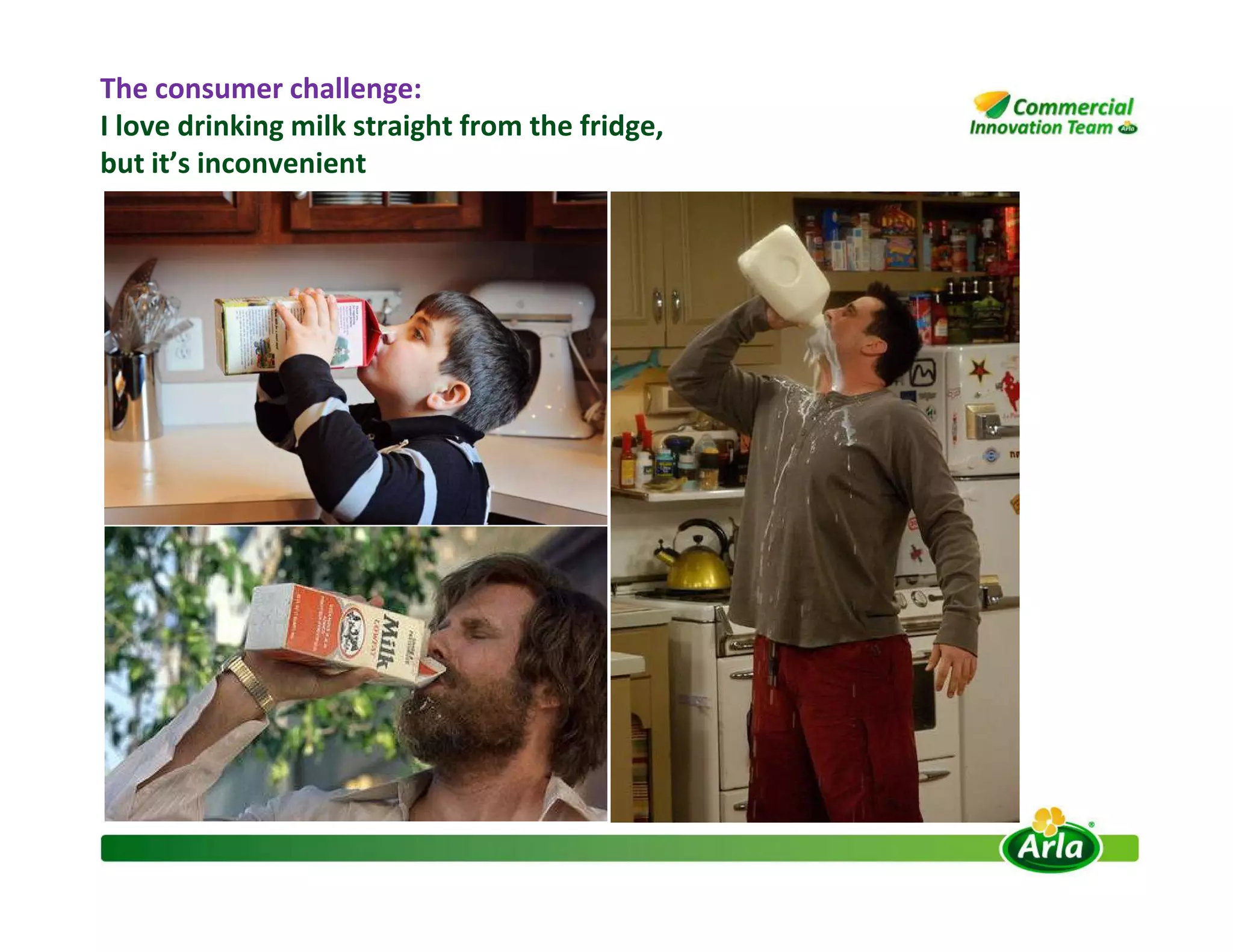 The consumer challenge:
I love drinking milk straight from the fridge,
but it’s inconvenient
 