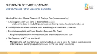 CUSTOMER SERVICE ROADMAP
DML’s Enhanced Patron Experience Committee
Guiding Principles: Mission Statement & Strategic Plan (outcomes are key)
• Adopting profession-wide trend of decentralized service:
- smaller service desks (in new buildings), increased use of roving, meeting the patrons where they are
• Shifting from transactions to interactions; Becoming proactive instead of reactive
• Developing adaptable staff roles: Greeter, Guide, Ask Me, Rover
– Requires collaboration of information services and circulation services staff
• The Roadmap is NOT one size fits all!
– Managers and staff members must communicate about how to cover the roles at each location in
order to provide outstanding customer service for the best patron experience
 