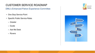 CUSTOMER SERVICE ROADMAP
DML’s Enhanced Patron Experience Committee
• One Stop Service Point
• Specific Public Service Roles
– Greeter
– Guide
– Ask Me Desk
– Rovers
 