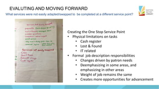 EVALUTING AND MOVING FORWARD
What services were not easily adapted/swapped to be completed at a different service point?
Creating the One Stop Service Point
• Physical limitations on tasks
• Cash register
• Lost & Found
• IT related
• Formal job description responsibilities
• Changes driven by patron needs
• Deemphasizing in some areas, and
emphasizing in other areas
• Weight of job remains the same
• Creates more opportunities for advancement
 