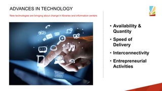 ADVANCES IN TECHNOLOGY
New technologies are bringing about change in libraries and information centers
• Availability &
Quantity
• Speed of
Delivery
• Interconnectivity
• Entrepreneurial
Activities
 