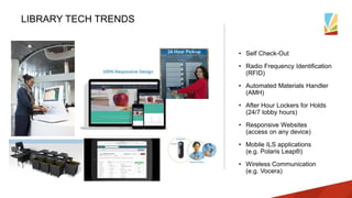 LIBRARY TECH TRENDS
• Self Check-Out
• Radio Frequency Identification
(RFID)
• Automated Materials Handler
(AMH)
• After Hour Lockers for Holds
(24/7 lobby hours)
• Responsive Websites
(access on any device)
• Mobile ILS applications
(e.g. Polaris Leap®)
• Wireless Communication
(e.g. Vocera)
 