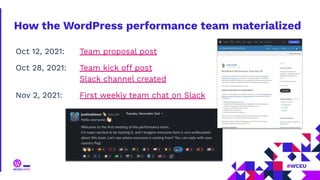 How the WordPress performance team materialized
Oct 12, 2021: Team proposal post
Oct 28, 2021: Team kick off post
Slack channel created
Nov 2, 2021: First weekly team chat on Slack
 
