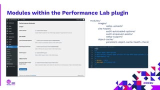 Modules within the Performance Lab plugin
modules/
images/
webp-uploads/
site-health/
audit-autoloaded-options/
audit-enqueued-assets/
webp-support/
object-cache/
persistent-object-cache-health-check/
 