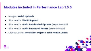 Modules included in Performance Lab 1.0.0
● Images: WebP Uploads
● Site Health: WebP Support
● Site Health: Audit Autoloaded Options (experimental)
● Site Health: Audit Enqueued Assets (experimental)
● Object Cache: Persistent Object Cache Health Check
 