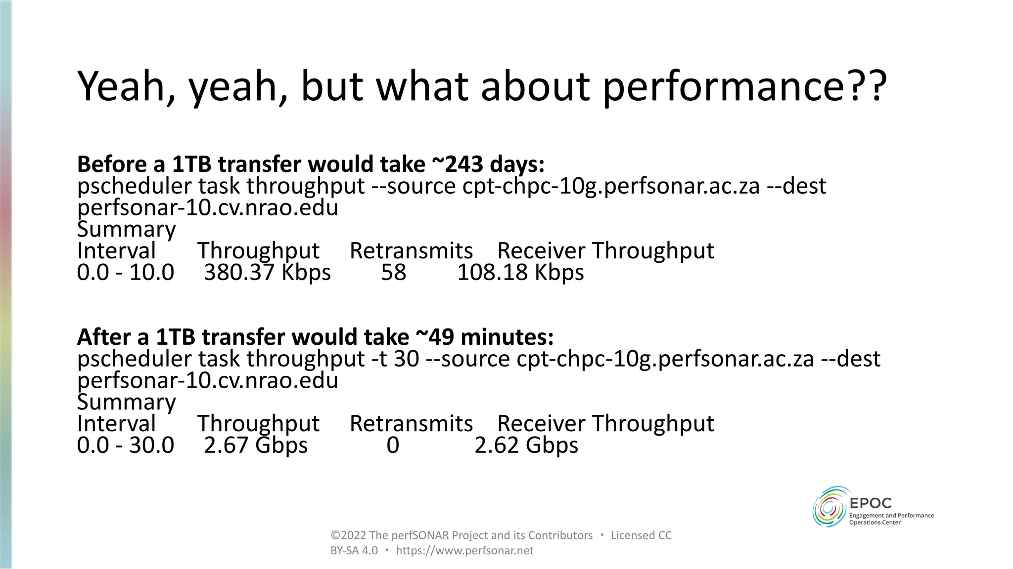 Yeah, yeah, but what about performance??
Before a 1TB transfer would take ~243 days:
pscheduler task throughput --source cpt-chpc-10g.perfsonar.ac.za --dest
perfsonar-10.cv.nrao.edu
Summary
Interval Throughput Retransmits Receiver Throughput
0.0 - 10.0 380.37 Kbps 58 108.18 Kbps
After a 1TB transfer would take ~49 minutes:
pscheduler task throughput -t 30 --source cpt-chpc-10g.perfsonar.ac.za --dest
perfsonar-10.cv.nrao.edu
Summary
Interval Throughput Retransmits Receiver Throughput
0.0 - 30.0 2.67 Gbps 0 2.62 Gbps
©2022 The perfSONAR Project and its Contributors ・ Licensed CC
BY-SA 4.0 ・ https://www.perfsonar.net
 