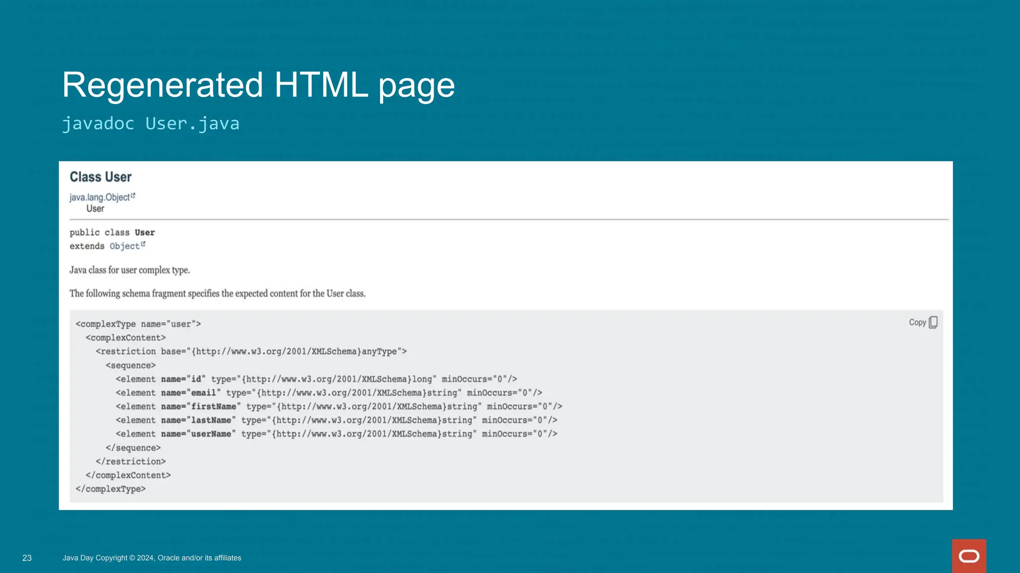 javadoc User.java
Regenerated HTML page
23 Java Day Copyright © 2024, Oracle and/or its affiliates
 