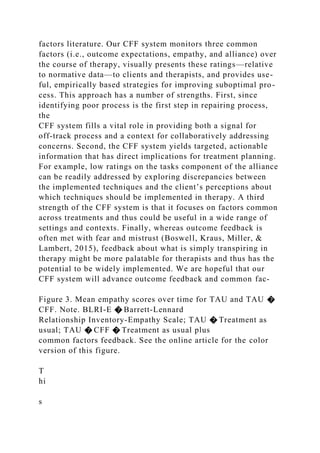 factors literature. Our CFF system monitors three common
factors (i.e., outcome expectations, empathy, and alliance) over
the course of therapy, visually presents these ratings—relative
to normative data—to clients and therapists, and provides use-
ful, empirically based strategies for improving suboptimal pro-
cess. This approach has a number of strengths. First, since
identifying poor process is the first step in repairing process,
the
CFF system fills a vital role in providing both a signal for
off-track process and a context for collaboratively addressing
concerns. Second, the CFF system yields targeted, actionable
information that has direct implications for treatment planning.
For example, low ratings on the tasks component of the alliance
can be readily addressed by exploring discrepancies between
the implemented techniques and the client’s perceptions about
which techniques should be implemented in therapy. A third
strength of the CFF system is that it focuses on factors common
across treatments and thus could be useful in a wide range of
settings and contexts. Finally, whereas outcome feedback is
often met with fear and mistrust (Boswell, Kraus, Miller, &
Lambert, 2015), feedback about what is simply transpiring in
therapy might be more palatable for therapists and thus has the
potential to be widely implemented. We are hopeful that our
CFF system will advance outcome feedback and common fac-
Figure 3. Mean empathy scores over time for TAU and TAU �
CFF. Note. BLRI-E � Barrett-Lennard
Relationship Inventory-Empathy Scale; TAU � Treatment as
usual; TAU � CFF � Treatment as usual plus
common factors feedback. See the online article for the color
version of this figure.
T
hi
s
 
