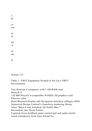 e
di
ss
em
in
at
ed
b
ro
ad
ly
.
Nelson 173
Table 1. VRET Equipment Needed to Set Up a VRET
Environment.
Two Pentium 4 computers with 1 GB RAM each
DirectX 9
128 MB DirectX 9-compatible NVIDIA 3D graphics card
Ethernet cable
Head Mounted Display and Navigation Interface (eMagin z800)
Numerical Design Limited’s Gamebryo rendering library
Alias’ Maya 6 and Autodesk 3D Studio Max 7
Envirodine, Inc. Scent Palette
Logitech force-feedback game control pad and audio-tactile
sound transducers from Aura Sound Inc.
 