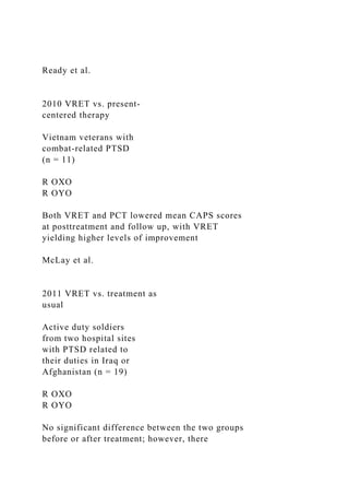 Ready et al.
2010 VRET vs. present-
centered therapy
Vietnam veterans with
combat-related PTSD
(n = 11)
R OXO
R OYO
Both VRET and PCT lowered mean CAPS scores
at posttreatment and follow up, with VRET
yielding higher levels of improvement
McLay et al.
2011 VRET vs. treatment as
usual
Active duty soldiers
from two hospital sites
with PTSD related to
their duties in Iraq or
Afghanistan (n = 19)
R OXO
R OYO
No significant difference between the two groups
before or after treatment; however, there
 