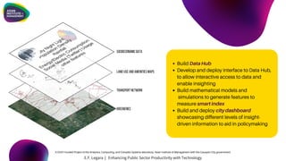 Socioeconomic Data
Land-Use and Amenities Maps
Transport Network
Greeneries
Build Data Hub
Develop and deploy interface to Data Hub,
to allow interactive access to data and
enable insighting
Build mathematical models and
simulations to generate features to
measure smart index
Build and deploy city dashboard
showcasing different levels of insight-
driven information to aid in policymaking
A DOST-funded Project of the Analytics, Computing, and Complex Systems laboratory, Asian Institute of Management with the Cauayan City government.
E.F. Legara | Enhancing Public Sector Productivity with Technology
 