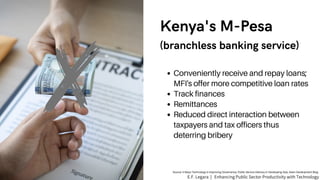 Kenya's M-Pesa
Conveniently receive and repay loans;
MFI's offer more competitive loan rates
Track finances
Remittances
Reduced direct interaction between
taxpayers and tax officers thus
deterring bribery
(branchless banking service)
Source: 5 Ways Technology is Improving Governance, Public Service Delivery in Developing Asia, Asian Development Blog
E.F. Legara | Enhancing Public Sector Productivity with Technology
 