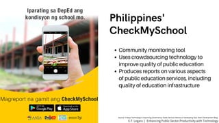 Philippines'
CheckMySchool
Community monitoring tool
Uses crowdsourcing technology to
improve quality of public education
Produces reports on various aspects
of public education services, including
quality of education infrastructure
Source: 5 Ways Technology is Improving Governance, Public Service Delivery in Developing Asia, Asian Development Blog
E.F. Legara | Enhancing Public Sector Productivity with Technology
 