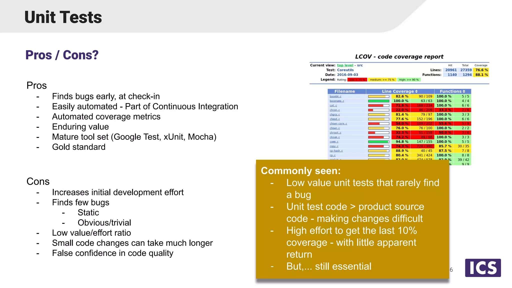 Unit Tests
Pros
- Finds bugs early, at check-in
- Easily automated - Part of Continuous Integration
- Automated coverage metrics
- Enduring value
- Mature tool set (Google Test, xUnit, Mocha)
- Gold standard
Cons
- Increases initial development effort
- Finds few bugs
- Static
- Obvious/trivial
- Low value/effort ratio
- Small code changes can take much longer
- False confidence in code quality
Pros / Cons?
16
Commonly seen:
- Low value unit tests that rarely find
a bug
- Unit test code > product source
code - making changes difficult
- High effort to get the last 10%
coverage - with little apparent
return
- But,... still essential
 