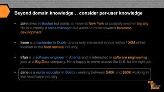 Beyond domain knowledge… consider per-user knowledge
• 

John lives in Boston but wants to move to New York or possibly another big city.
He is currently a sales manager but wants to move towards business
development.

• 

Irene is a bartender in Dublin and is only interested in jobs within 10KM of her
location in the food service industry.

• 

Irfan is a software engineer in Atlanta and is interested in software engineering
jobs at a Big Data company. He is happy to move across the U.S. for the right job.

• 

Jane is a nurse educator in Boston seeking between $40K and $60K working in
the healthcare industry

 