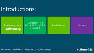 Introductions:
www.ginamontgomery.com
Gina.Montgomery@Softmart.com
/in/ginaMMontgomery
 
