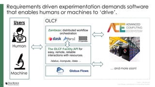 5
5
Tyler J. Skluzacek
Oak Ridge Leadership Computing Facility
Requirements driven experimentation demands software
that enables humans or machines to ‘drive’.
… and more soon!
Users
Human
Machine
Zambeze: distributed workflow
orchestration
The OLCF Facility API for
easy, remote, reliable
interactions with resources.
/status, /compute, /data …
OLCF
Globus Flows
 