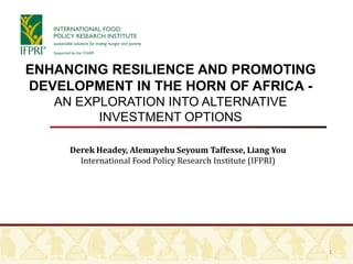 ENHANCING RESILIENCE AND PROMOTING
DEVELOPMENT IN THE HORN OF AFRICA -
   AN EXPLORATION INTO ALTERNATIVE
         INVESTMENT OPTIONS

     Derek Headey, Alemayehu Seyoum Taffesse, Liang You
       International Food Policy Research Institute (IFPRI)




                                                              1
 