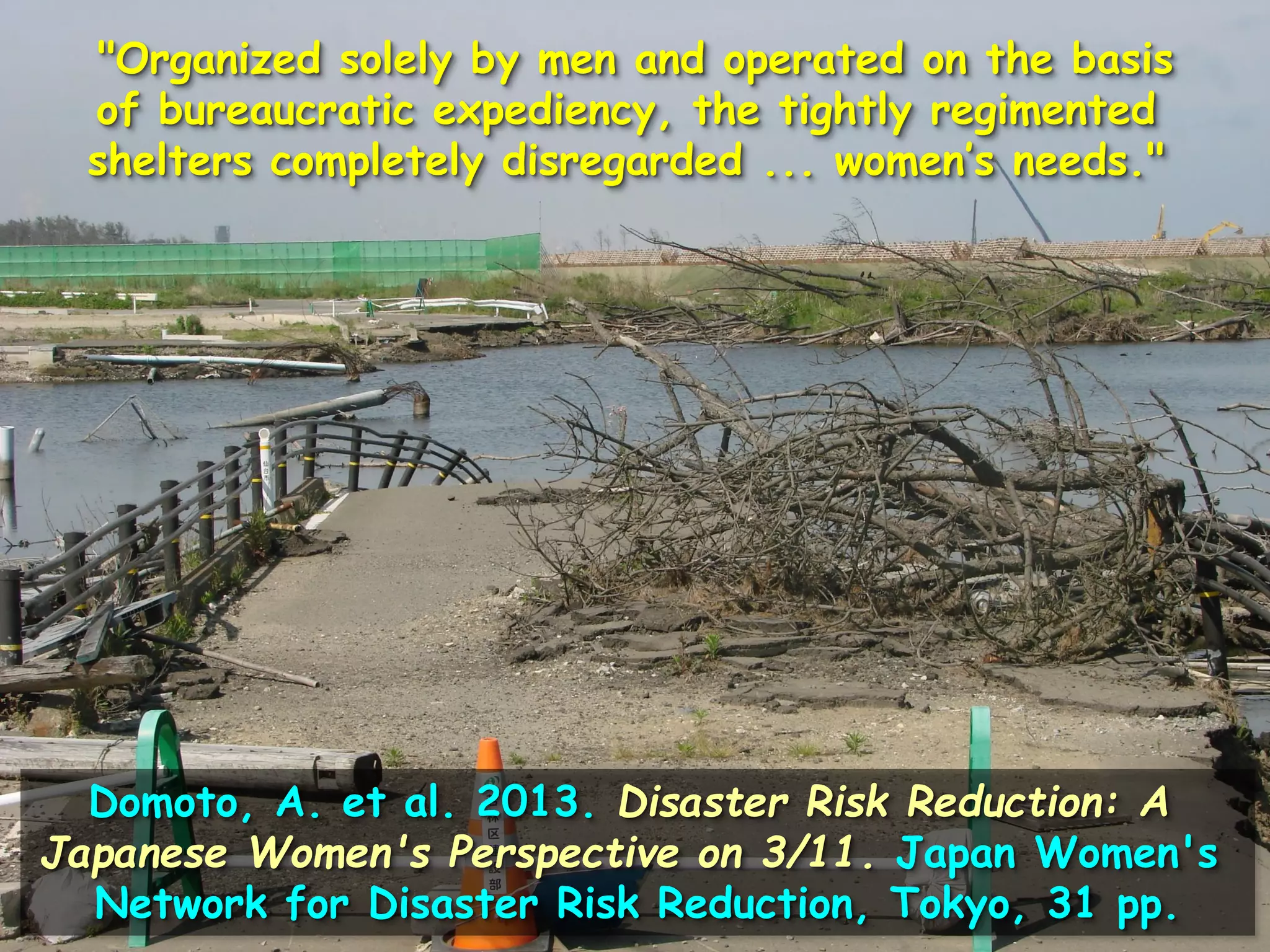 "Organized solely by men and operated on the basis
of bureaucratic expediency, the tightly regimented
shelters completely disregarded ... women’s needs."
Domoto, A. et al. 2013. Disaster Risk Reduction: A
Japanese Women's Perspective on 3/11. Japan Women's
Network for Disaster Risk Reduction, Tokyo, 31 pp.
 