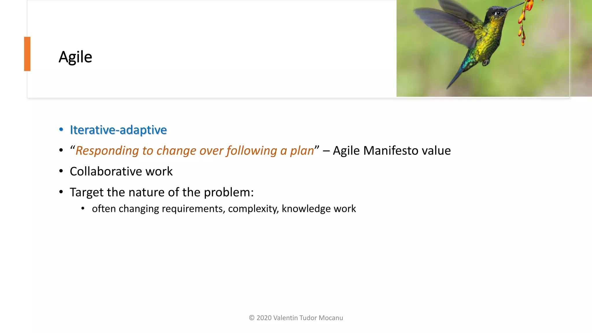 Agile
• Iterative-adaptive
• “Responding to change over following a plan” – Agile Manifesto value
• Collaborative work
• Target the nature of the problem:
• often changing requirements, complexity, knowledge work
© 2020 Valentin Tudor Mocanu
 