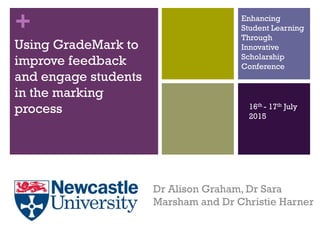 +
Using GradeMark to
improve feedback
and engage students
in the marking
process
Dr Alison Graham, Dr Sara
Marsham and Dr Christie Harner
Enhancing
Student Learning
Through
Innovative
Scholarship
Conference
16th - 17th July
2015
 