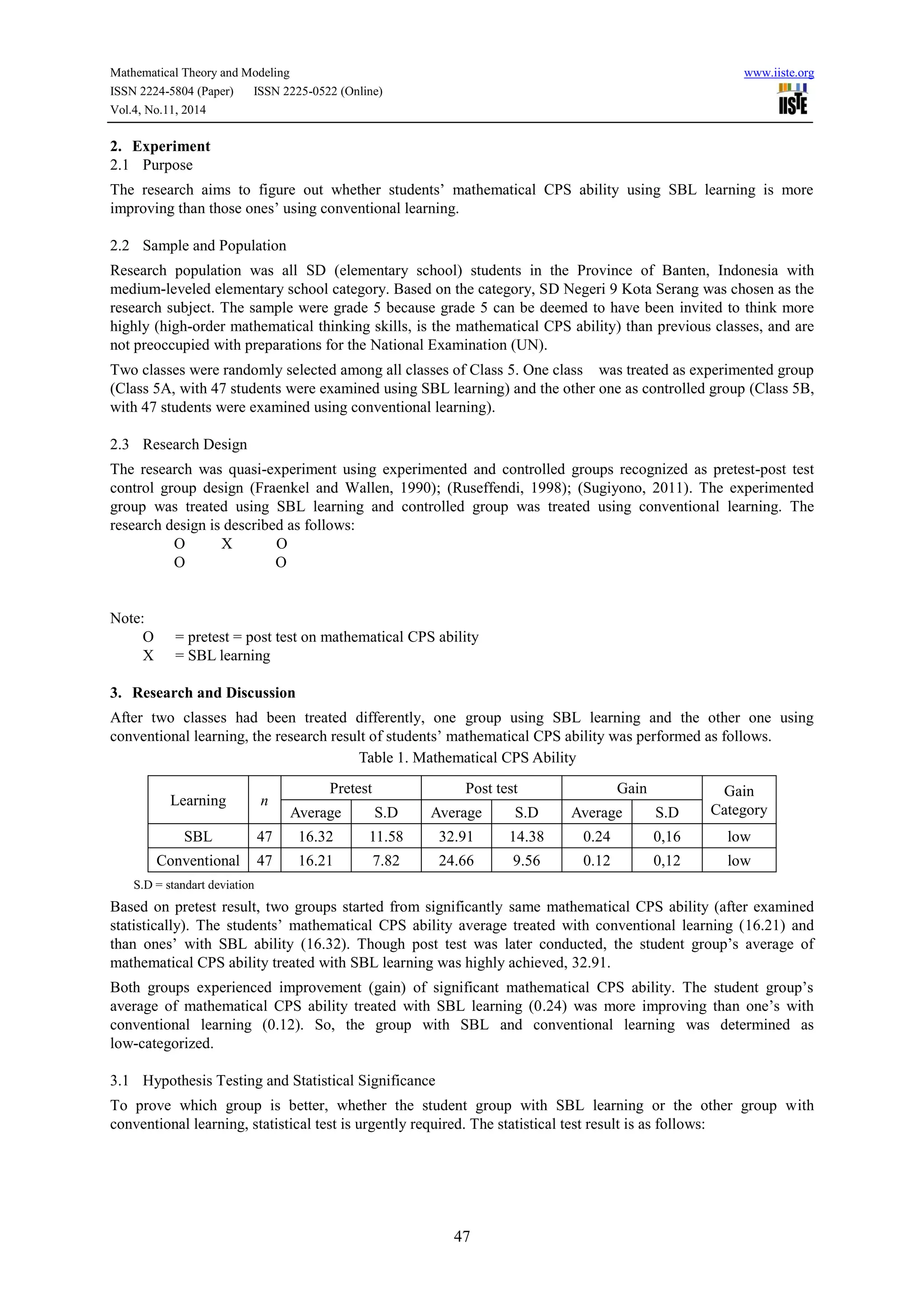 Mathematical Theory and Modeling www.iiste.org
ISSN 2224-5804 (Paper) ISSN 2225-0522 (Online)
Vol.4, No.11, 2014
47
2. Experiment
2.1 Purpose
The research aims to figure out whether students’ mathematical CPS ability using SBL learning is more
improving than those ones’ using conventional learning.
2.2 Sample and Population
Research population was all SD (elementary school) students in the Province of Banten, Indonesia with
medium-leveled elementary school category. Based on the category, SD Negeri 9 Kota Serang was chosen as the
research subject. The sample were grade 5 because grade 5 can be deemed to have been invited to think more
highly (high-order mathematical thinking skills, is the mathematical CPS ability) than previous classes, and are
not preoccupied with preparations for the National Examination (UN).
Two classes were randomly selected among all classes of Class 5. One class was treated as experimented group
(Class 5A, with 47 students were examined using SBL learning) and the other one as controlled group (Class 5B,
with 47 students were examined using conventional learning).
2.3 Research Design
The research was quasi-experiment using experimented and controlled groups recognized as pretest-post test
control group design (Fraenkel and Wallen, 1990); (Ruseffendi, 1998); (Sugiyono, 2011). The experimented
group was treated using SBL learning and controlled group was treated using conventional learning. The
research design is described as follows:
O X O
O O
Note:
O = pretest = post test on mathematical CPS ability
X = SBL learning
3. Research and Discussion
After two classes had been treated differently, one group using SBL learning and the other one using
conventional learning, the research result of students’ mathematical CPS ability was performed as follows.
Table 1. Mathematical CPS Ability
Learning n
Pretest Post test Gain Gain
CategoryAverage S.D Average S.D Average S.D
SBL 47 16.32 11.58 32.91 14.38 0.24 0,16 low
Conventional 47 16.21 7.82 24.66 9.56 0.12 0,12 low
S.D = standart deviation
Based on pretest result, two groups started from significantly same mathematical CPS ability (after examined
statistically). The students’ mathematical CPS ability average treated with conventional learning (16.21) and
than ones’ with SBL ability (16.32). Though post test was later conducted, the student group’s average of
mathematical CPS ability treated with SBL learning was highly achieved, 32.91.
Both groups experienced improvement (gain) of significant mathematical CPS ability. The student group’s
average of mathematical CPS ability treated with SBL learning (0.24) was more improving than one’s with
conventional learning (0.12). So, the group with SBL and conventional learning was determined as
low-categorized.
3.1 Hypothesis Testing and Statistical Significance
To prove which group is better, whether the student group with SBL learning or the other group with
conventional learning, statistical test is urgently required. The statistical test result is as follows:
 