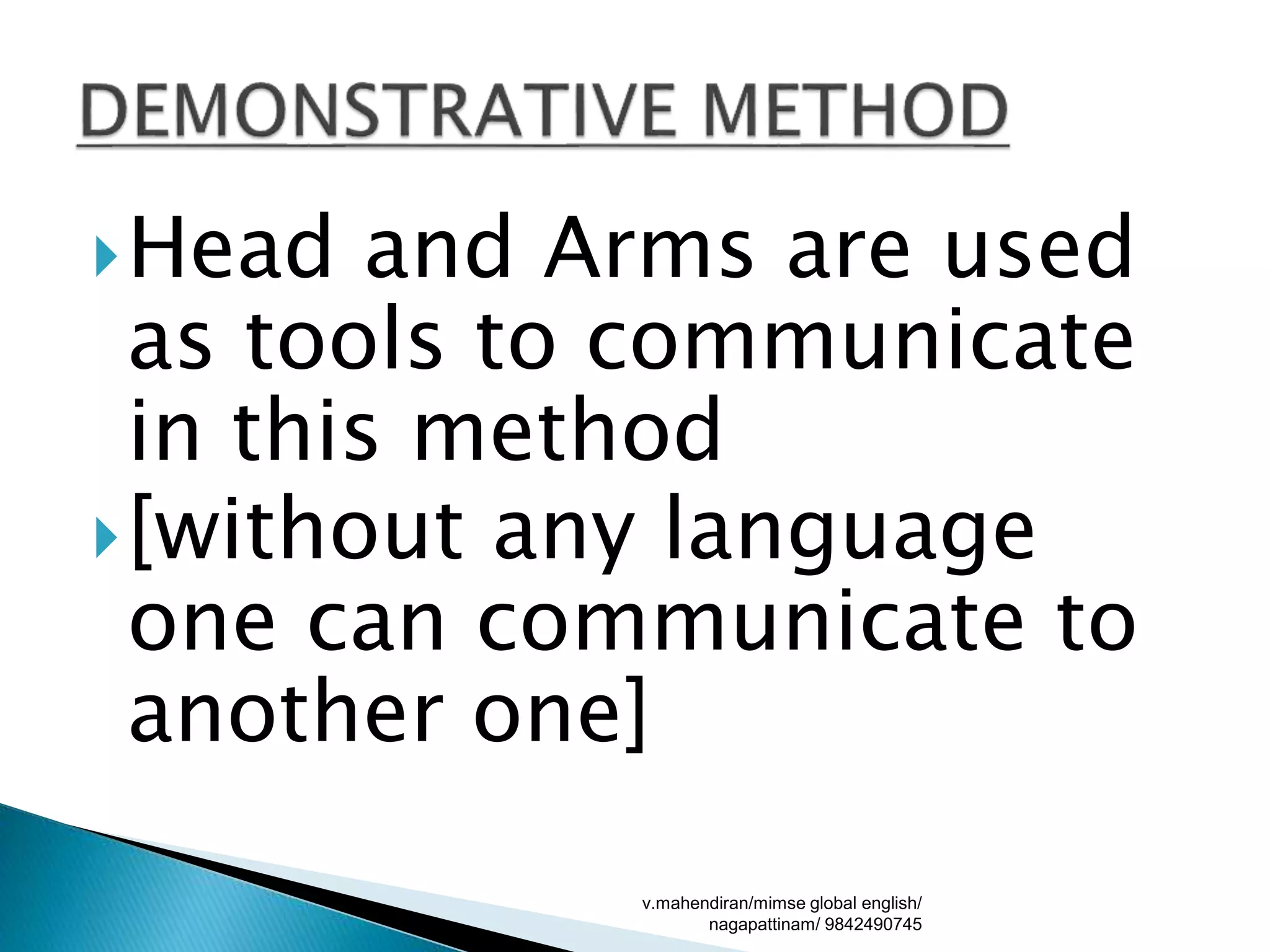 Head and Arms are used
as tools to communicate
in this method
[without any language
one can communicate to
another one]
v.mahendiran/mimse global english/
nagapattinam/ 9842490745
 