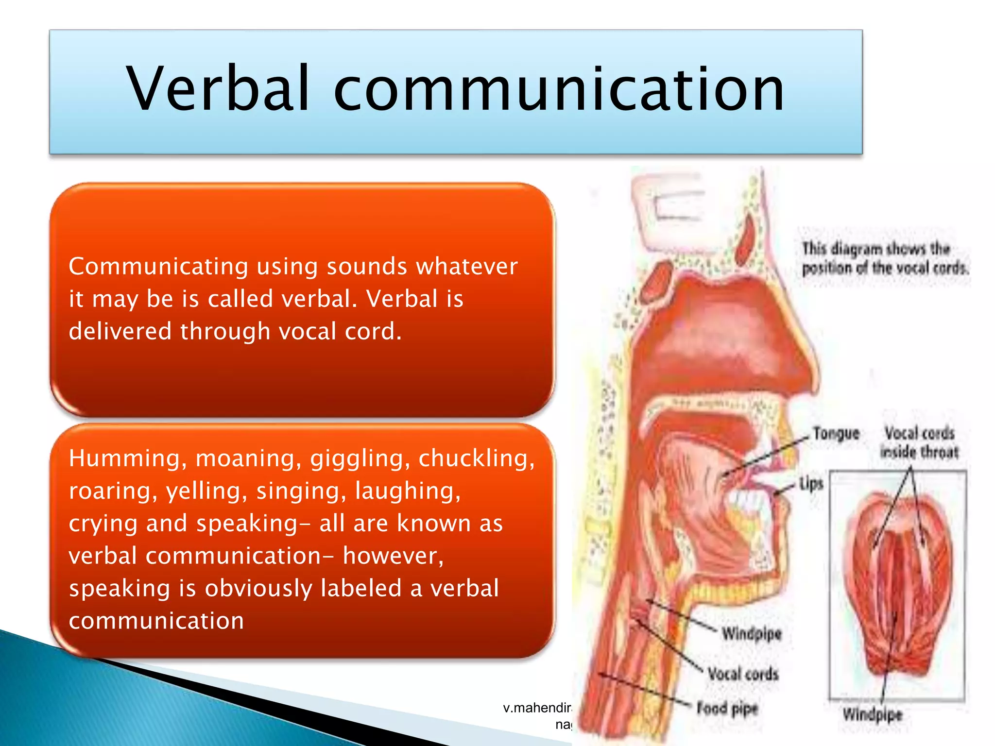 Verbal communication
Communicating using sounds whatever
it may be is called verbal. Verbal is
delivered through vocal cord.
Humming, moaning, giggling, chuckling,
roaring, yelling, singing, laughing,
crying and speaking- all are known as
verbal communication- however,
speaking is obviously labeled a verbal
communication
v.mahendiran/mimse global english/
nagapattinam/ 9842490745
 