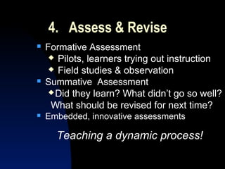 4. Assess & Revise
   Formative Assessment
     Pilots, learners trying out instruction
     Field studies & observation
   Summative Assessment
     Did they learn? What didn’t go so well?

     What should be revised for next time?
   Embedded, innovative assessments

      Teaching a dynamic process!
 