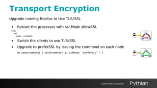 Transport Encryption
Upgrade running Replica to Use TLS/SSL
• Restart the processes with ssl.Mode allowSSL
net:
ssl:
mode: allowSSL
• Switch the clients to use TLS/SSL
• Upgrade to preferSSL by issuing the command on each node
db.adminCommand( { setParameter: 1, sslMode: "preferSSL" } )
© 2019 Pythian. Confidential
 