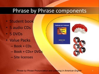 Phrase by Phrase componentsStudent book 5 audio CDs 5 DVDs Value Packs	Book + CDsBook + CDs+ DVDsSite licensesPhrase by Phrase Pronunciation and Listening in American English 2