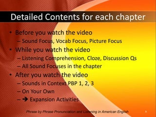 Expansion Activities Interactive exercises for pairs and small groupsInformation GapsDialogsGamesDictationsFurther practice on the sound focuses presented in each chapter Fun and engaging7Phrase by Phrase Pronunciation and Listening in American English 