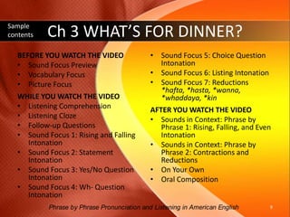 Detailed Contents for each chapterBefore you watch the videoSound Focus, Vocab Focus, Picture FocusWhile you watch the videoListening Comprehension, Cloze, Discussion QsAll Sound Focuses in the chapterAfter you watch the videoSounds in Context PBP 1, 2, 3On Your Own Expansion ActivitiesPhrase by Phrase Pronunciation and Listening in American English 8