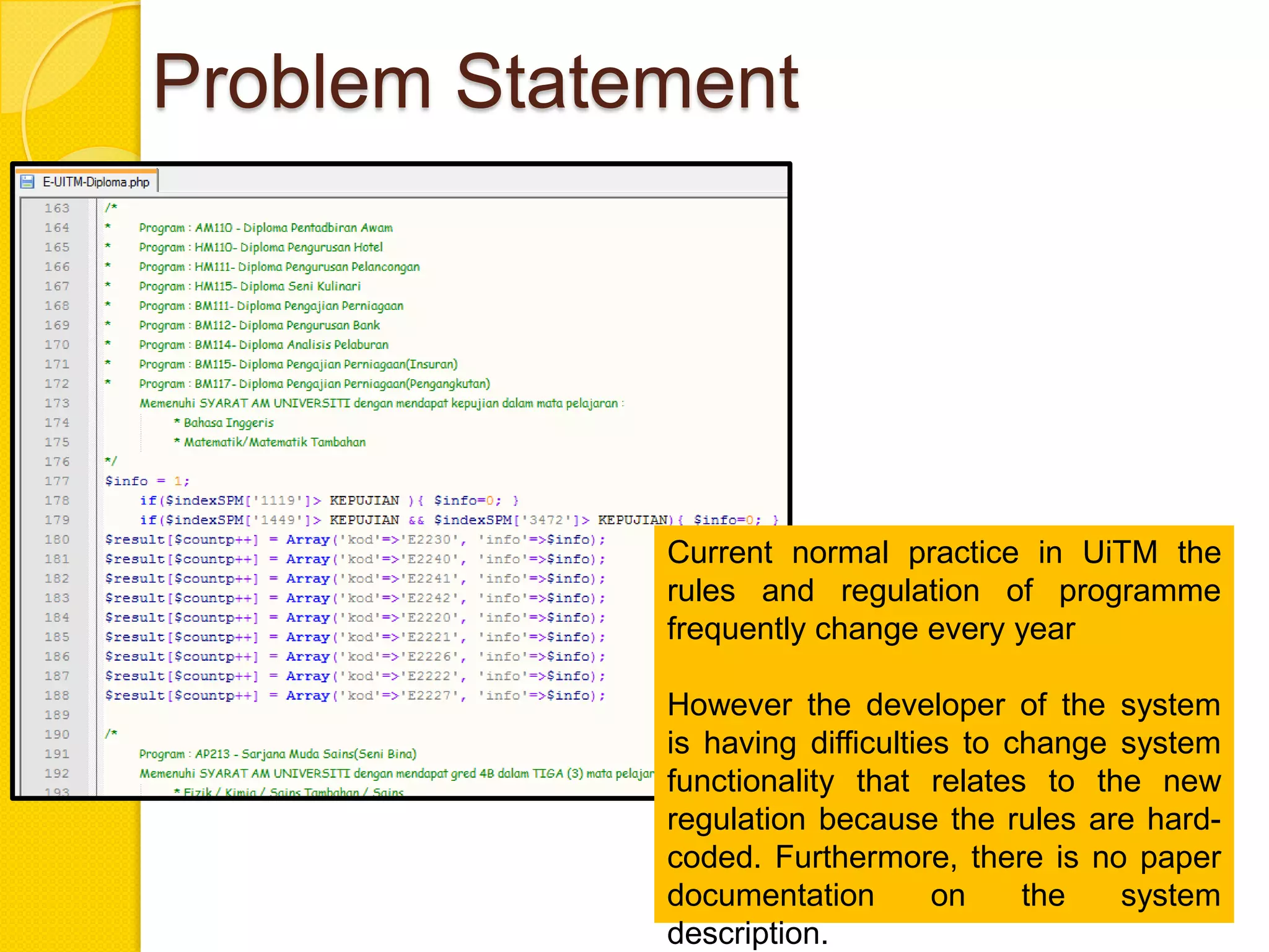 Problem Statement




             Current normal practice in UiTM the
             rules and regulation of programme
             frequently change every year

             However the developer of the system
             is having difficulties to change system
             functionality that relates to the new
             regulation because the rules are hard-
             coded. Furthermore, there is no paper
             documentation        on    the   system
             description.
 