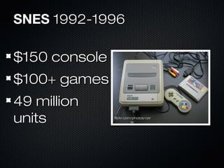 $150 console$150 console
$100+ games$100+ games
49 million49 million
unitsunits
SNESSNES 1992-19961992-1996
flickr.com/photos/cerflickr.com/photos/cer
is/is/
 