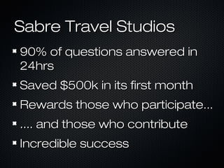Sabre Travel StudiosSabre Travel Studios
90% of questions answered in90% of questions answered in
24hrs24hrs
Saved $500k in its first monthSaved $500k in its first month
Rewards those who participate...Rewards those who participate...
.... and those who contribute.... and those who contribute
Incredible successIncredible success
 