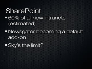 SharePointSharePoint
60% of all new intranets60% of all new intranets
(estimated)(estimated)
Newsgator becoming a defaultNewsgator becoming a default
add-onadd-on
SkySky’’s the limit?s the limit?
 