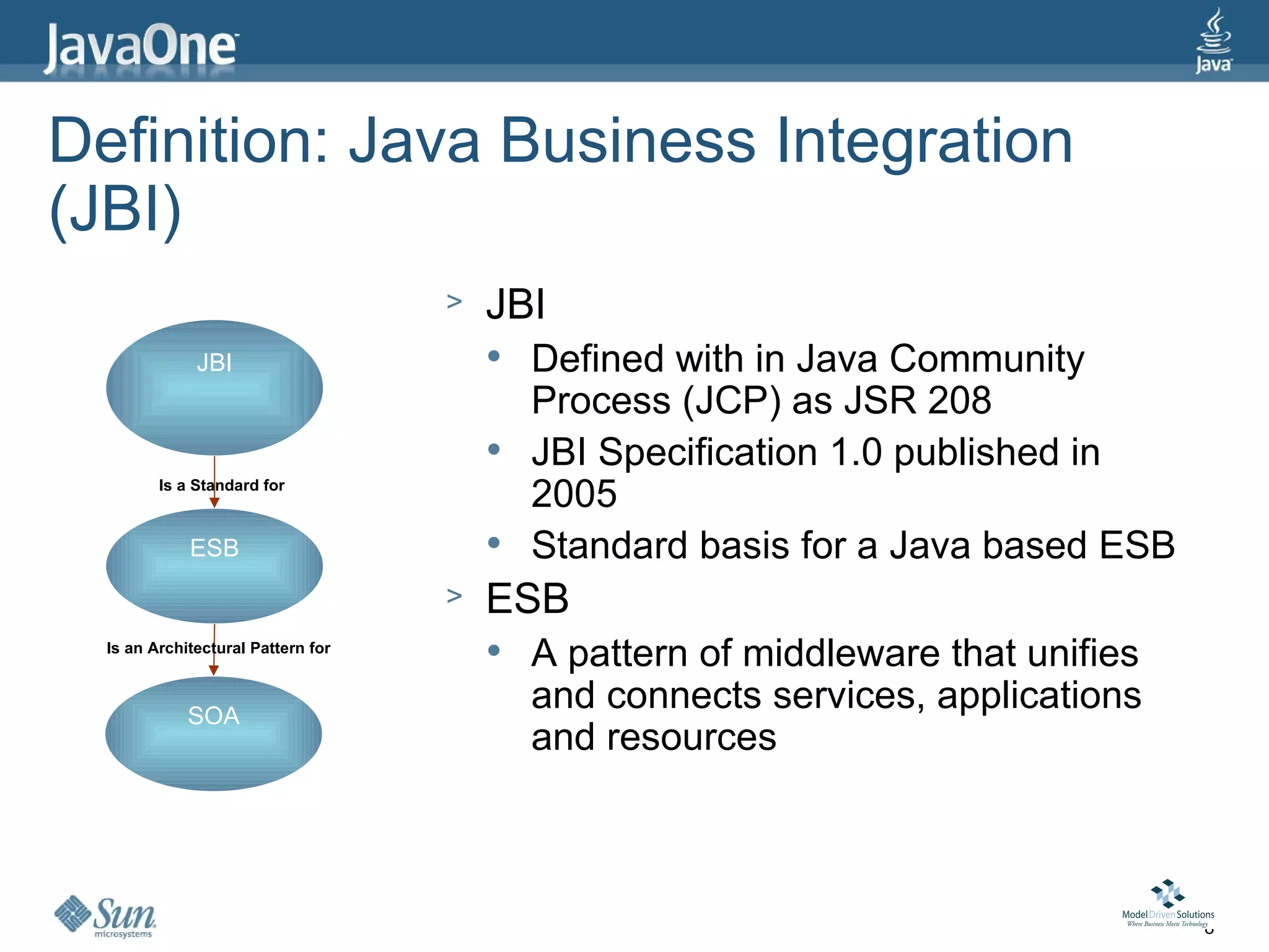 Definition: Java Business Integration
(JBI)
                                    >   JBI
              JBI                          Defined with in Java Community
                                            Process (JCP) as JSR 208
                                           JBI Specification 1.0 published in
         Is a Standard for
                                            2005
             ESB                           Standard basis for a Java based ESB
                                    >   ESB
  Is an Architectural Pattern for          A pattern of middleware that unifies
             SOA
                                            and connects services, applications
                                            and resources



                                                                                   8
 