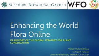 Enhancing the World
Flora Online
IN SUPPORT OF THE GLOBAL STRATEGY FOR PLANT
CONSERVATION
William Ulate Rodríguez
Sr. Project Manager
Center for Biodiversity Informatics, IT Division
 