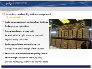  Logistics management methodology designed
for large-scale operations
 Operations Center strategically
located with the right infrastructure and
logistics-savvy personnel
 Technological tools to coordinate the
configuration at each stage of the process
 Structured process with strict quality control
at each stage (Reception, Setup, Quality
Control, Packaging, Distribution and roll-back)
Inventory and configuration management
Key success factors
 