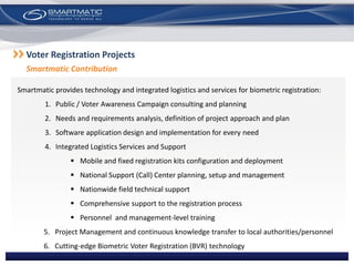 Smartmatic provides technology and integrated logistics and services for biometric registration:
1. Public / Voter Awareness Campaign consulting and planning
2. Needs and requirements analysis, definition of project approach and plan
3. Software application design and implementation for every need
4. Integrated Logistics Services and Support
 Mobile and fixed registration kits configuration and deployment
 National Support (Call) Center planning, setup and management
 Nationwide field technical support
 Comprehensive support to the registration process
 Personnel and management-level training
5. Project Management and continuous knowledge transfer to local authorities/personnel
6. Cutting-edge Biometric Voter Registration (BVR) technology
Voter Registration Projects
Smartmatic Contribution
 