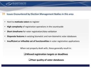 • Hard to motivate voters to register
• High complexity of registration operations in the countryside
• Short timeframe for voter registration/data validation
• Disparate features in existing biometric and non-biometric voter databases
• Insufficient or inflexible set of functionalities in voter registration applications
Issues Encountered by Election Management Bodies in this area
When not properly dealt with, these generally result in:
Missed registration targets or deadlines
Poor quality of voter databases
 