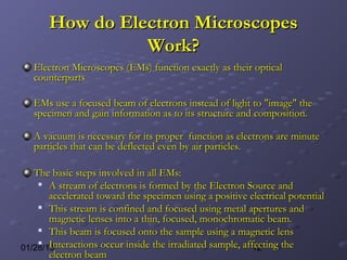1201/28/15
How do Electron MicroscopesHow do Electron Microscopes
Work?Work?
Electron Microscopes (EMs) function exactly as their opticalElectron Microscopes (EMs) function exactly as their optical
counterpartscounterparts
EMs use a focused beam of electrons instead of light to "image" theEMs use a focused beam of electrons instead of light to "image" the
specimen and gain information as to its structure and composition.specimen and gain information as to its structure and composition.
A vacuum is necessary for its proper function as electrons are minuteA vacuum is necessary for its proper function as electrons are minute
particles that can be deflected even by air particles.particles that can be deflected even by air particles.
The basic steps involved in all EMs:The basic steps involved in all EMs:

A stream of electrons is formed by the Electron Source andA stream of electrons is formed by the Electron Source and
accelerated toward the specimen using a positive electrical potentialaccelerated toward the specimen using a positive electrical potential

This stream is confined and focused using metal apertures andThis stream is confined and focused using metal apertures and
magnetic lenses into a thin, focused, monochromatic beam.magnetic lenses into a thin, focused, monochromatic beam.

This beam is focused onto the sample using a magnetic lensThis beam is focused onto the sample using a magnetic lens

Interactions occur inside the irradiated sample, affecting theInteractions occur inside the irradiated sample, affecting the
electron beamelectron beam
 