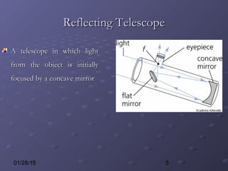 501/28/15
Reflecting TelescopeReflecting Telescope
A telescope in which lightA telescope in which light
from the object is initiallyfrom the object is initially
focused by a concave mirrorfocused by a concave mirror
 