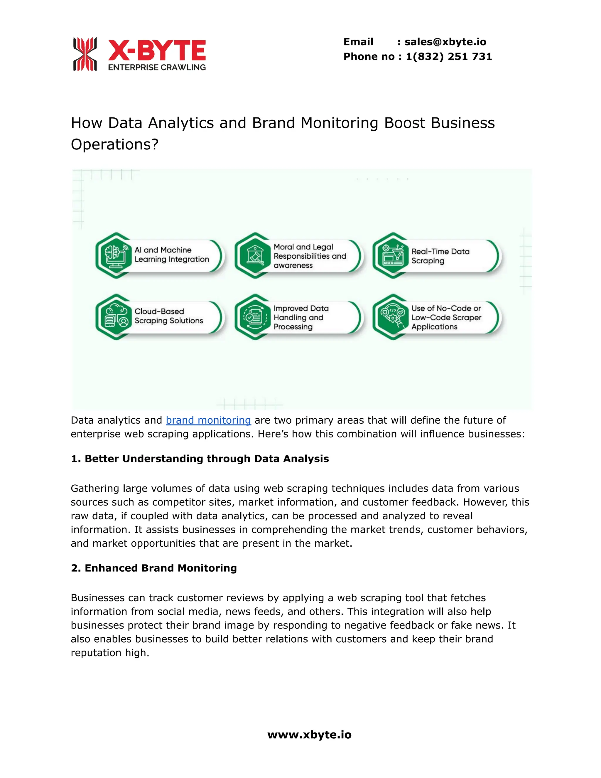 Email : sales@xbyte.io
Phone no : 1(832) 251 731
How Data Analytics and Brand Monitoring Boost Business
Operations?
Data analytics and brand monitoring are two primary areas that will define the future of
enterprise web scraping applications. Here’s how this combination will influence businesses:
1. Better Understanding through Data Analysis
Gathering large volumes of data using web scraping techniques includes data from various
sources such as competitor sites, market information, and customer feedback. However, this
raw data, if coupled with data analytics, can be processed and analyzed to reveal
information. It assists businesses in comprehending the market trends, customer behaviors,
and market opportunities that are present in the market.
2. Enhanced Brand Monitoring
Businesses can track customer reviews by applying a web scraping tool that fetches
information from social media, news feeds, and others. This integration will also help
businesses protect their brand image by responding to negative feedback or fake news. It
also enables businesses to build better relations with customers and keep their brand
reputation high.
www.xbyte.io
 