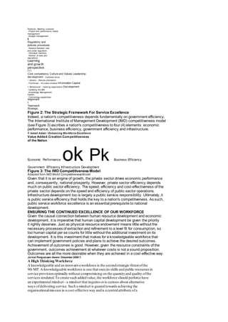 flexibility - Meeting customer 
- Project and performance needs 
management 
- Budget management 
t 
Regulatory and 
policies processes 
- Balance between over 
and under regulation 
- Individual harmony 
- Review of laws and 
regulations 
Learning 
and grow th 
perspective 
t t t 
Core competency Culture and Values Leadership 
dev elopment - Customer focus 
- Generic - Results orientation 
- Functional - 1st class mindset Inf ormation Capital 
- Behavioural - Learning organisation Dev elopment 
- Updating the MIS 
- Knowledge Management 
System 
- Technology capabilities 
Alignment 
t 
Teamwork 
Strategic 
Figure 2: The Strategic Framework For Service Excellence 
Indeed, a nation's competitiveness depends fundamentally on government efficiency. 
The International Institute of Management Development (IMD) competitiveness model 
(see Figure 3) ascribes a nation's competitiveness to four (4) elements: economic 
performance, business efficiency, government efficiency and infrastructure. 
4 Ismail Adam / Enhancing Workforce Excellence 
Value Added Creation Competitiveness 
of the Nation 
Economic Performance ok Pk Business Ef f iciency 
Government Ef f iciency Inf rastructure Development 
Figure 3: The IMD Competitiveness Model 
Adapted from IMD World Competitiveness Model 
Given that it is an engine of growth, the private sector drives economic performance 
and, consequently, national prosperity. However, private sector efficiency depends 
much on public sector efficiency. The speed, efficiency and cost-effectiveness of the 
private sector depends on the speed and efficiency of public sector operations. 
Infrastructure development too is largely a public service responsibility. Ultimately, it 
is public service efficiency that holds the key to a nation's competitiveness. As such, 
public service workforce excellence is an essential prerequisite to national 
development. 
ENSURING THE CONTINUED EXCELLENCE OF OUR WORKFORCE 
Given the causal connection between human resource development and economic 
development, it is imperative that human capital development be given the priority 
it rightly deserves. Just as physical resource endowment means little without the 
necessary processes of extraction and refinement to a level fit for consumpt ion, so 
too human capital per se counts for little without the additional investment on its 
development. It is this investment that makes for a knowledgeable workforce that 
can implement government policies and plans to achieve the desired outcomes. 
Achievement of outcomes is good. However, given the resource constraints of the 
government, outcomes achievement at whatever costs is not a sound proposition. 
Outcomes are all the more desirable when they are achieved in a cost -effective way. 
Jurnal Pengurusan Awam / Disember 2006 5 
A High Thinking Workforce 
A knowledgeable and an innovative workforce is the second strategic thrust of the 
9th MP. A knowledgeable workforce is one that uses its skills and public resources in 
service provision optimally without compromising on the quantity and quality of the 
services rendered. To create such added value, the workforce should perforce have 
an experimental mindset - a mindset that inquires or is curious about alternative 
ways of delivering service. Such a mindset is geared towards achieving the 
organisational mission in a cost-effective way and is a central attribute of a 
 