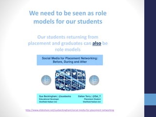We need to be seen as role
models for our students
Our students returning from
placement and graduates can also be
role models
http://www.slideshare.net/suebeckingham/social-media-for-placement-networking
 