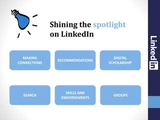 Shining the spotlight
on LinkedIn
MAKING
CONNECTIONS
SKILLS AND
ENDORSEMENTS
RECOMMENDATIONS
SEARCH GROUPS
DIGITAL
SCHOLAR...