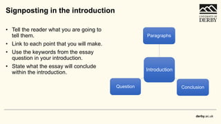derby.ac.uk
Signposting in the introduction
• Tell the reader what you are going to
tell them.
• Link to each point that you will make.
• Use the keywords from the essay
question in your introduction.
• State what the essay will conclude
within the introduction. Introduction
Paragraphs
Conclusion
Question
 